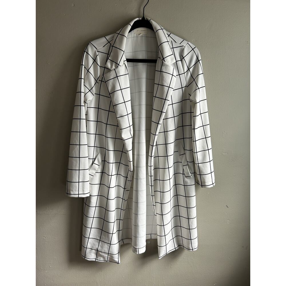 Melloday Plaid Open Front Over Coat Duster Jacket White Black S, Mid-Length - Picture 2 of 11